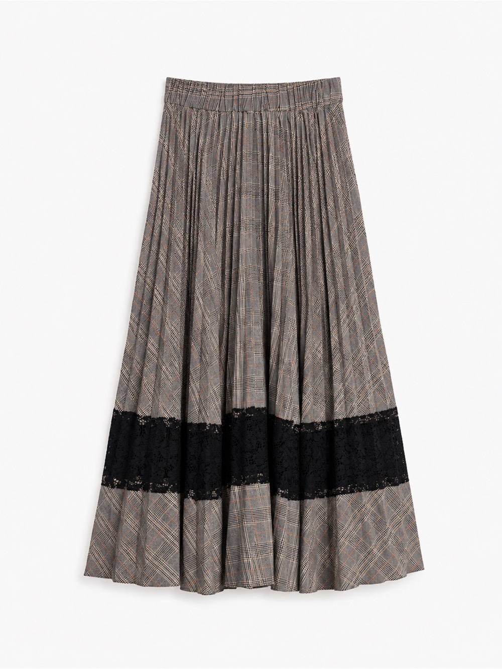 Checked Pleated Midi Skirt with Black Lace Band